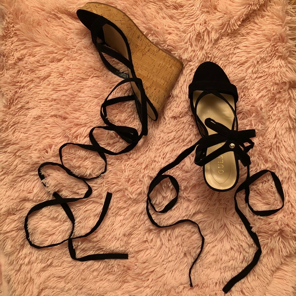 New Black Guess Strappy Wedges